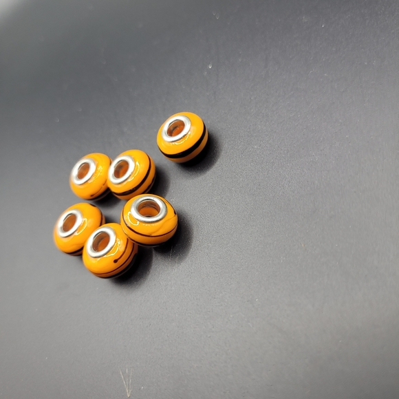 NEW- 5 pc Orange and Black Murano Glass Large Hole European Beads - Picture 3 of 3